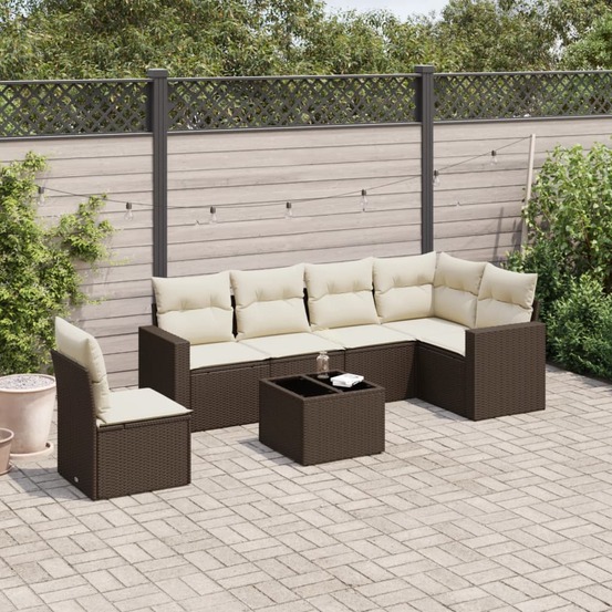 Salon de jardin avec coussins 7 pcs marron résine tressée