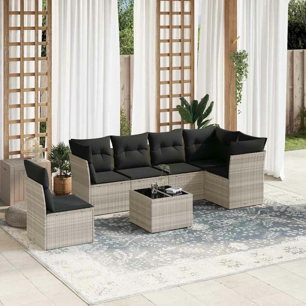 Salon de jardin avec coussins 7 pcs gris clair résine tressée