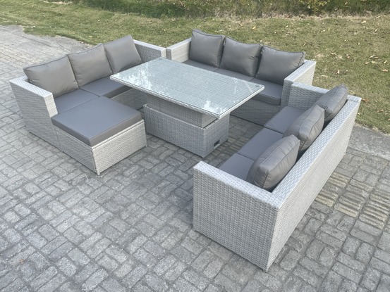 Ensemble de meubles de jardin en rotin ave canapé,table élévatrice und tabourets 5 pièces groupe de sièges gris clair