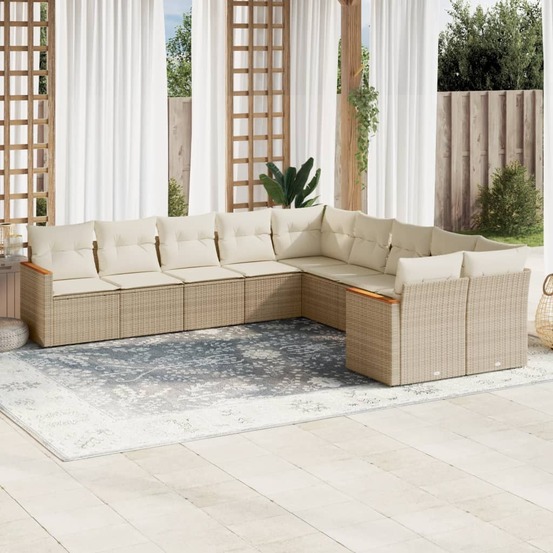 Salon de jardin avec coussins 10 pcs beige résine tressée