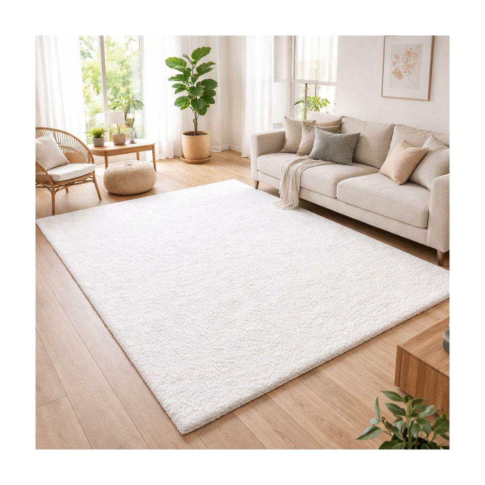 Tapis poils longs shaggy 120x170 rectangle tissé crème motif uni uni l