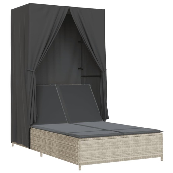 Chaise longue double avec toit et rideaux gris clair poly rotin