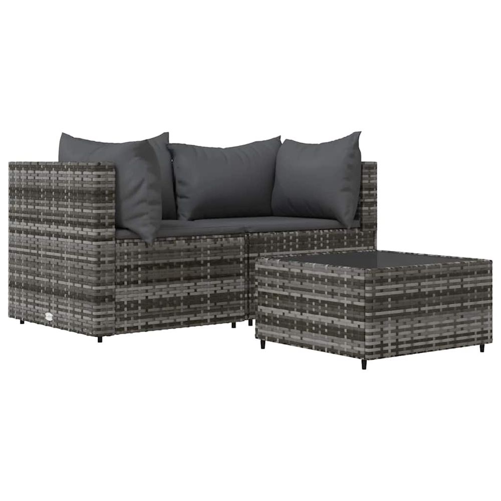 Salon de jardin 3 pcs avec coussins gris résine tressée