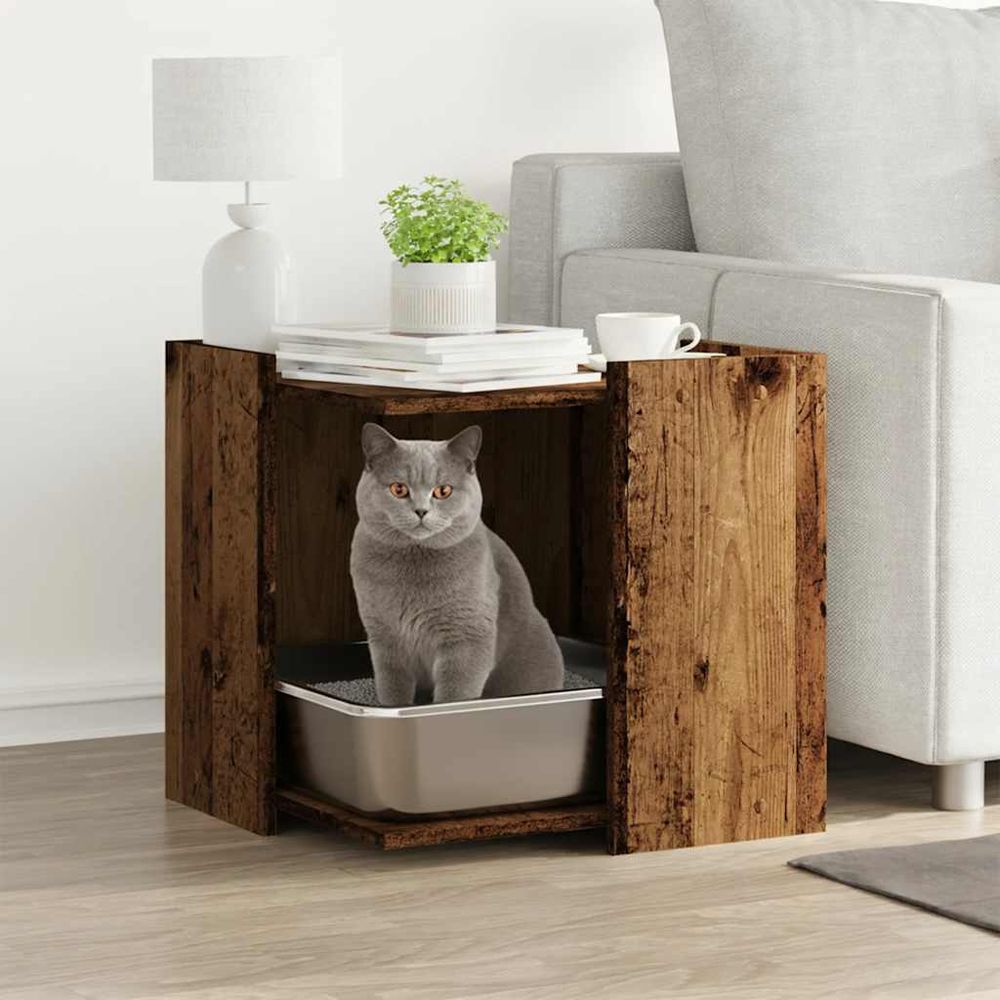Maison de toilette chat multifonction en bois style rustique vieux bois