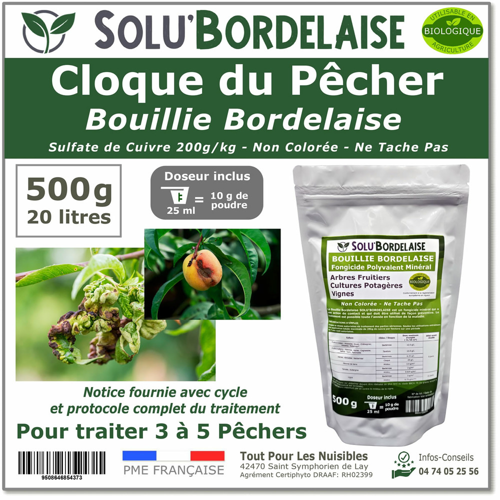 Solu'bordelaise - cloque du pêcher - 500 g de bouillie bordelaise non colorée - polyvalent-sulfate de cuivre 200 g/kg-doseur inclus