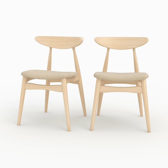 Josette-lot de 2 chaises en tissu beige et bois d'hévéa