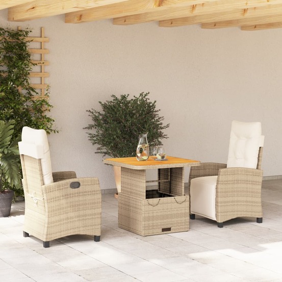 Ensemble à manger de jardin et coussins 3 pcs beige poly rotin
