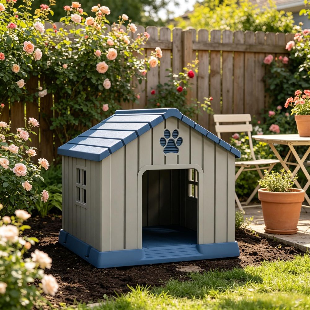Niche pour chien en plastique 85 x 79 x 82 cm bleu gris extérieur surélevée ventilée résistante pour jardin