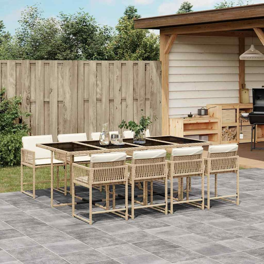 Ensemble à manger de jardin et coussins 9 pcs beige poly rotin