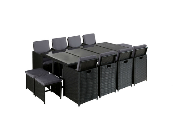 Fira - salon de jardin encastrable 12 places - en résine tressée - noir avec coussins gris + housse de protection