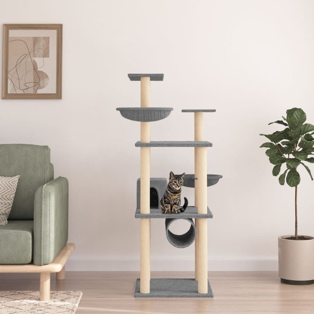 Grand arbre à chat 141 cm avec paniers niche et tunnel de jeu gris clair