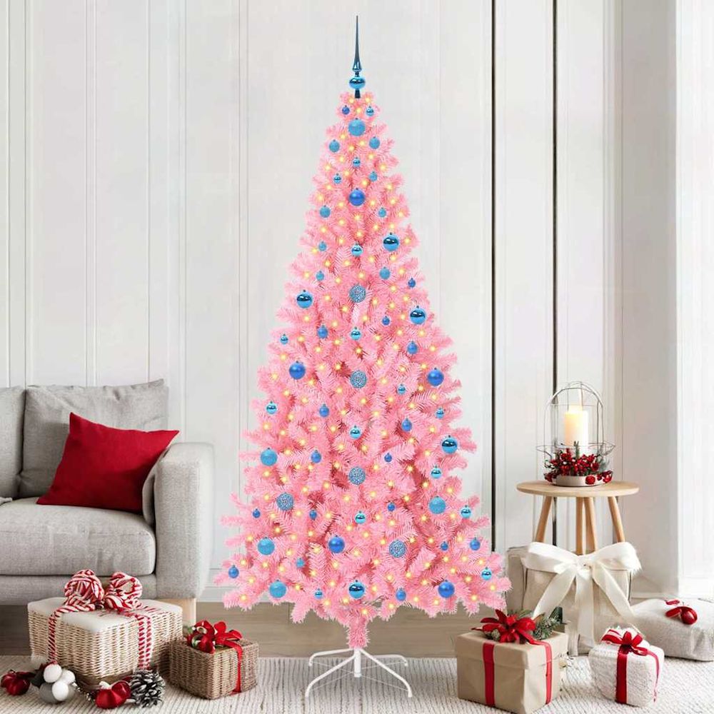 Sapin de noël moderne rose 210 cm, illuminé par 300 led et richement décoré