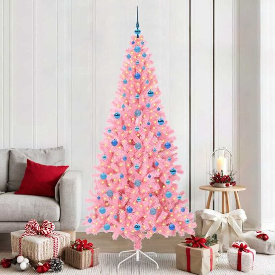 Sapin de noël moderne rose 210 cm, illuminé par 300 led et richement décoré