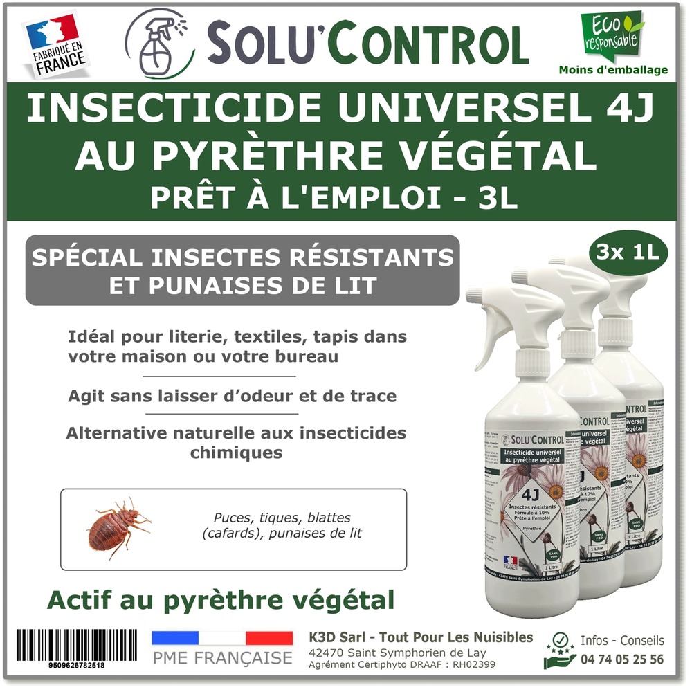 Solu’control insecticide universel 4j au pyrèthre végétal – prêt à l’emploi 3l (3x1l) – spécial punaises de lit & résistants