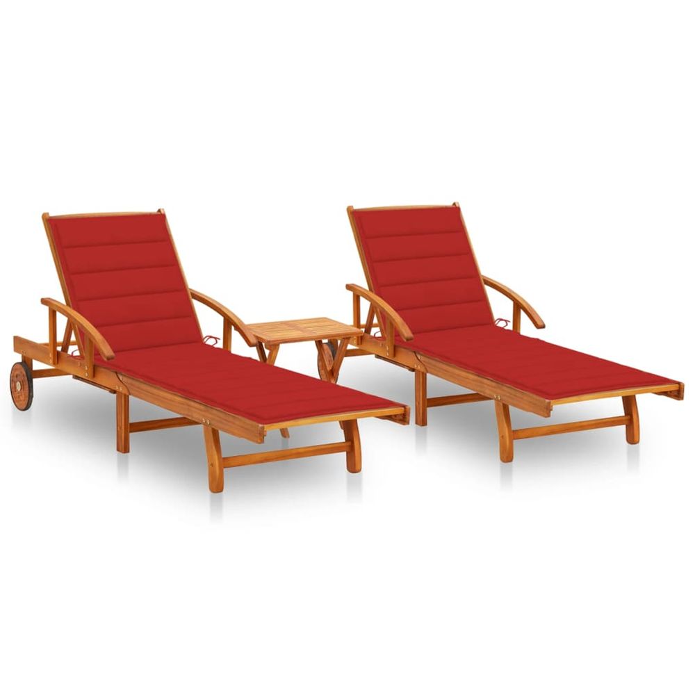 Chaises longues lot de 2 avec table et coussins acacia solide