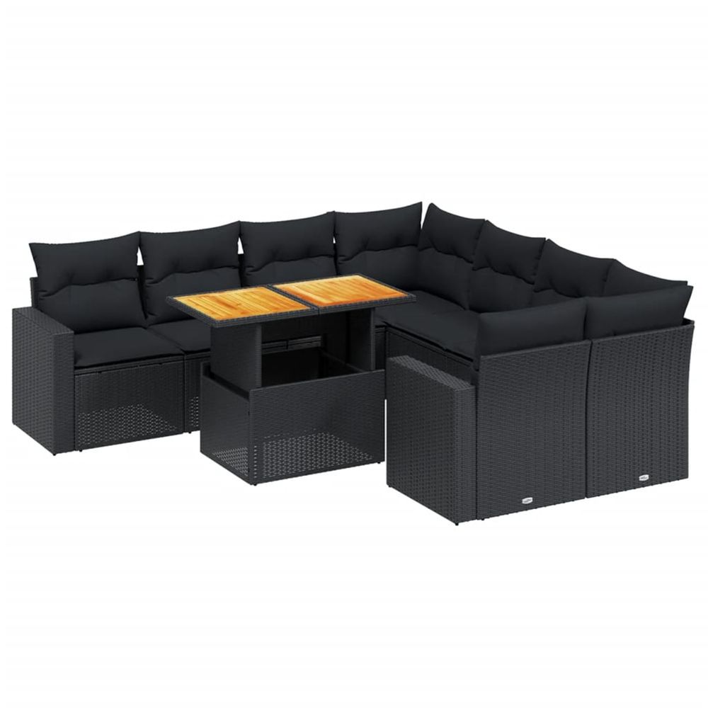 Salon de jardin 9 pcs avec coussins noir résine tressée