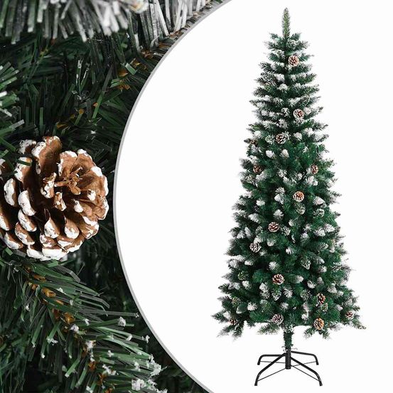 Sapin de noël articulé enneigé 180 cm pvc pailleté avec pommes de pin