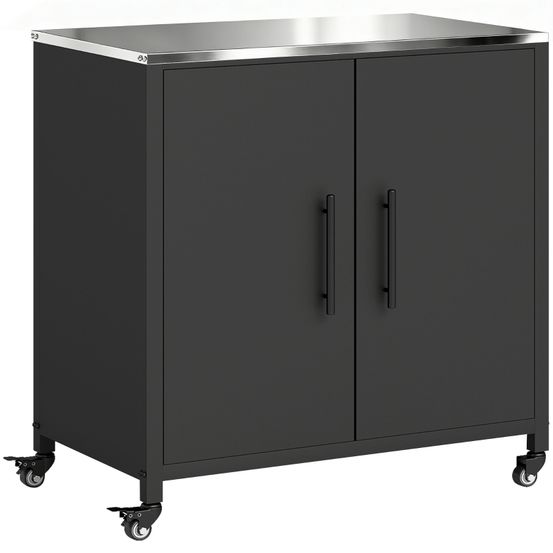 Armoire de jardin avec table de plantation, plateau inox amovible, étagère magnétique, double porte, roulettes