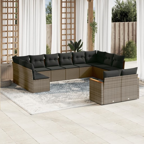 Salon de jardin avec coussins 12 pcs gris résine tressée