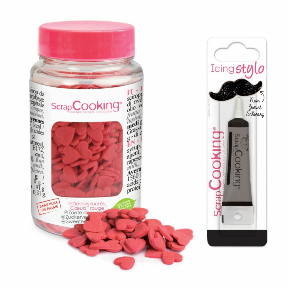 Décors sucrés coeurs rouges + stylo de glaçage noir