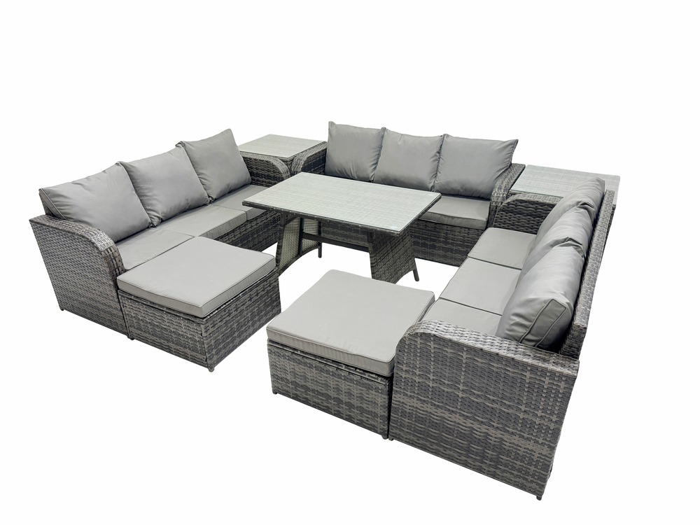 Salon de jardin 11 places ensemble de canapés en rotin avec 2 tables d'appoint table à manger 2 grand tabourets gris foncé mixte