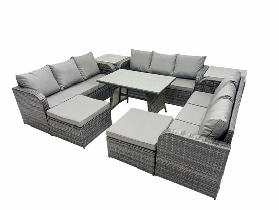 Salon de jardin 11 places ensemble de canapés en rotin avec 2 tables d'appoint table à manger 2 grand tabourets gris foncé mixte