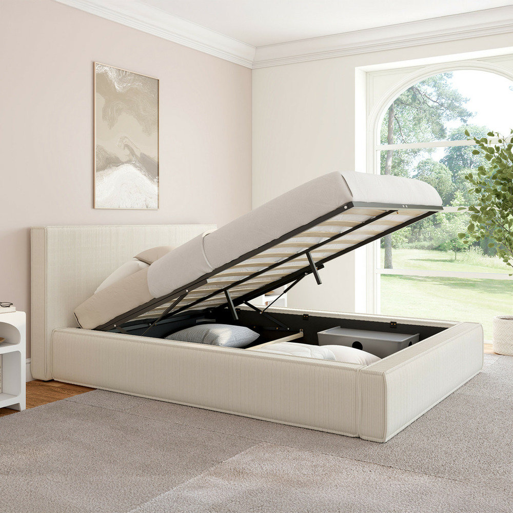 Lit coffre double jade avec sommier 140 x 190 cm velours côtelé beige