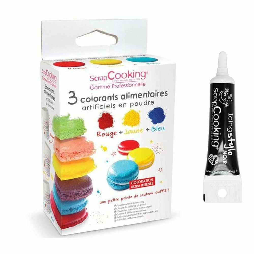 3 colorants alimentaires en poudre jaune-rouge-bleu + stylo glaçage noir