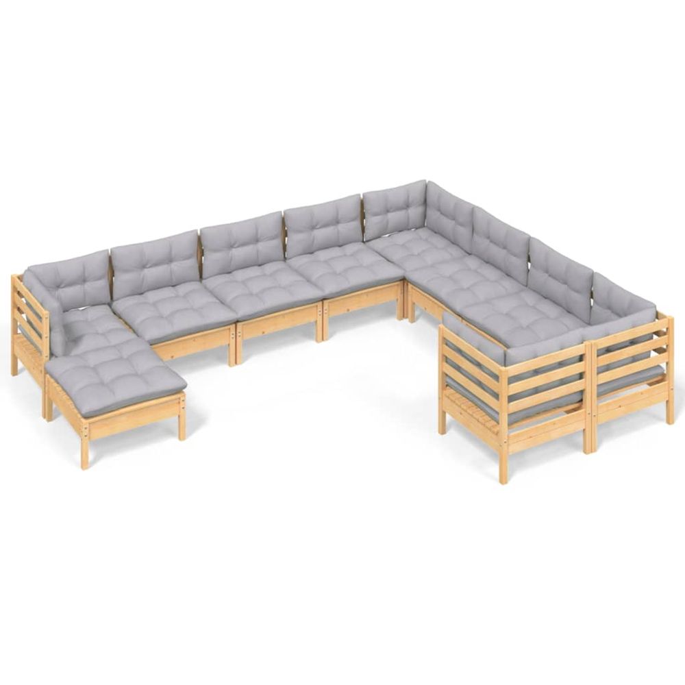 Salon de jardin 10 pcs avec coussins gris bois de pin
