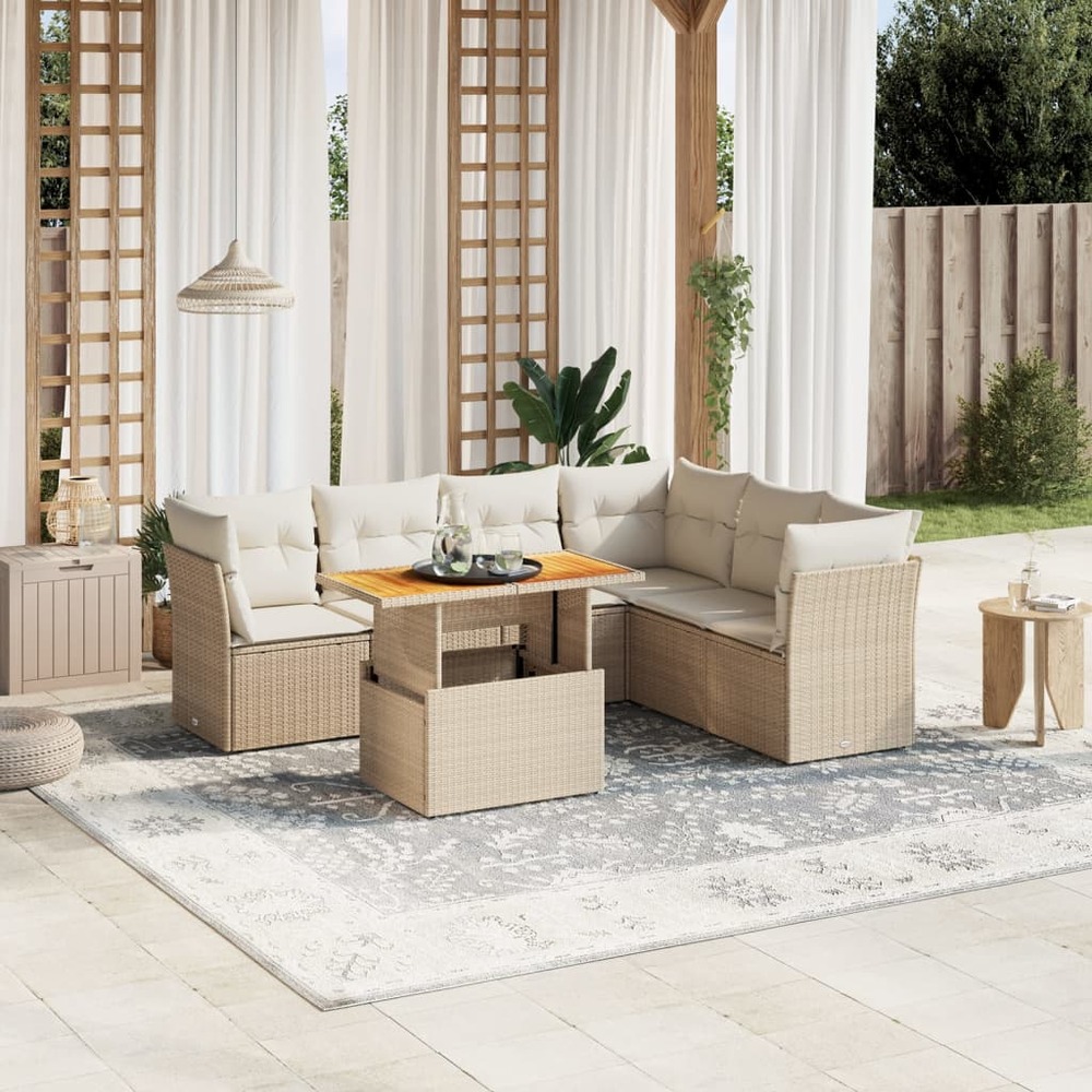 Salon de jardin avec coussins 7 pcs beige résine tressée
