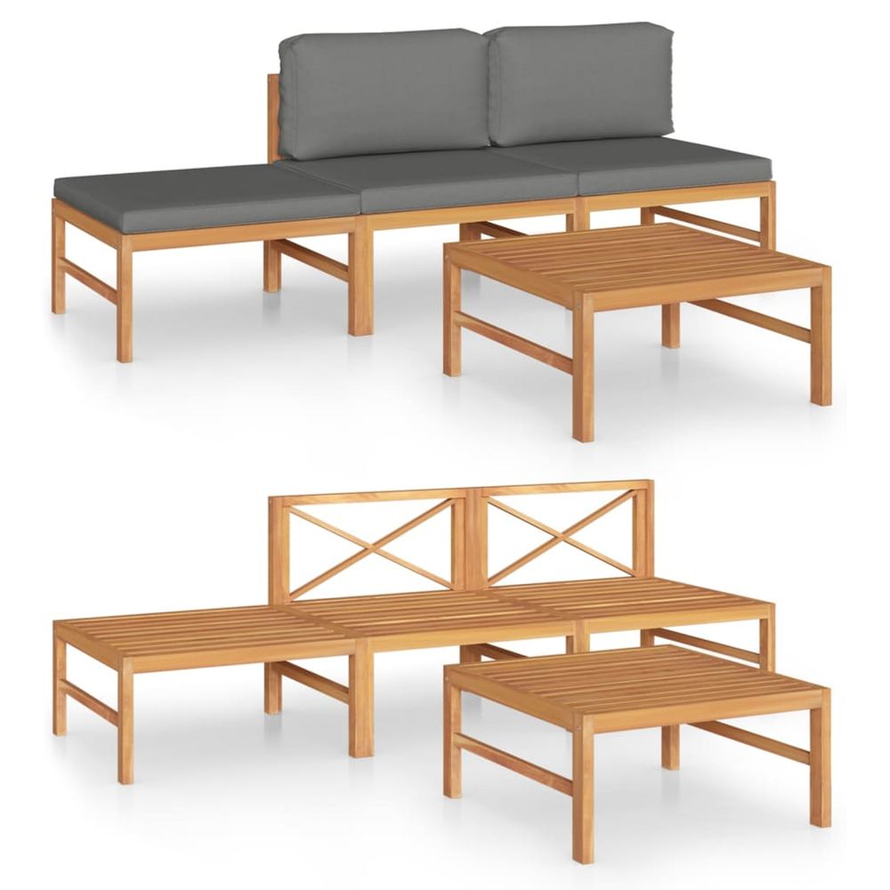 Salon de jardin 4 pcs avec coussins gris bois de teck solide
