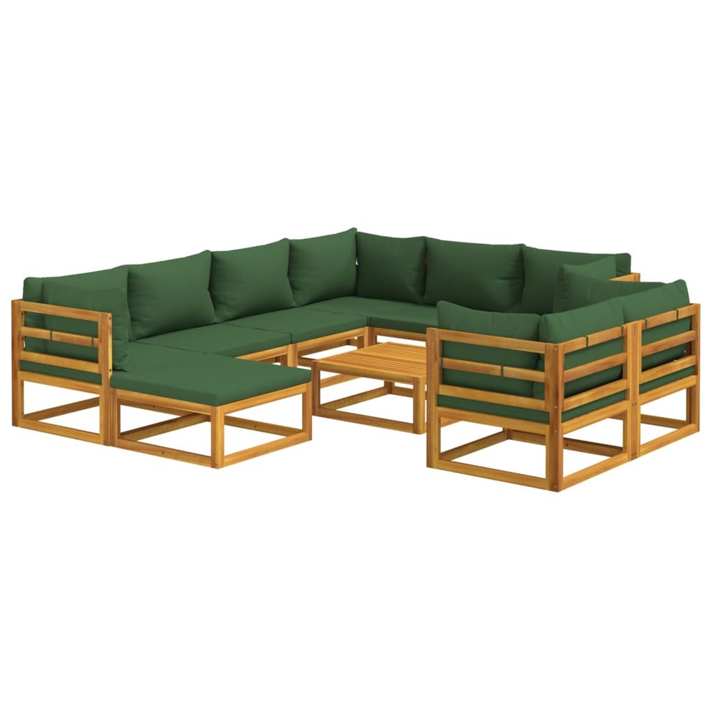 Salon de jardin meuble d'extérieur ensemble de mobilier 10 pièces avec coussins vert bois massif