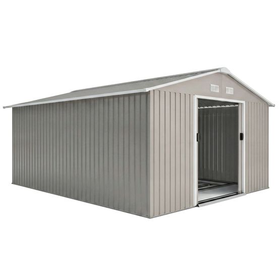 Abri de jardin acier gris clair 386 x 340 x 200 cm pour outils 2 portes coulissantes - comfortxl outdoor living