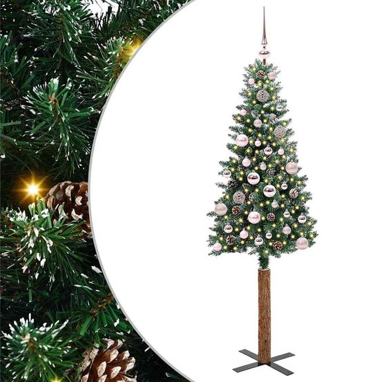 Sapin de noël fin effet neige 150 cm pré-illuminé 150 led blanc chaud et décoré