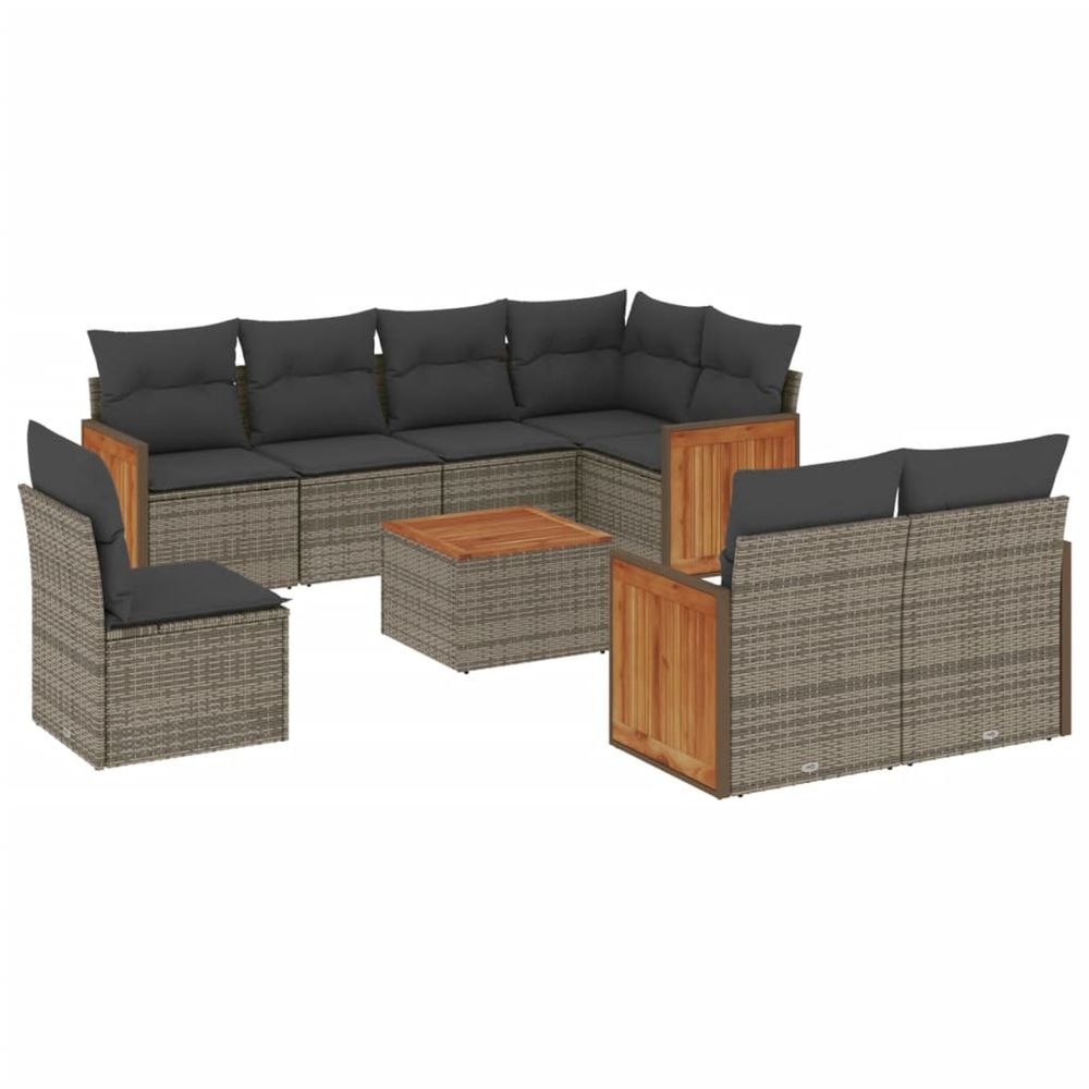 Salon de jardin 9 pcs avec coussins gris résine tressée
