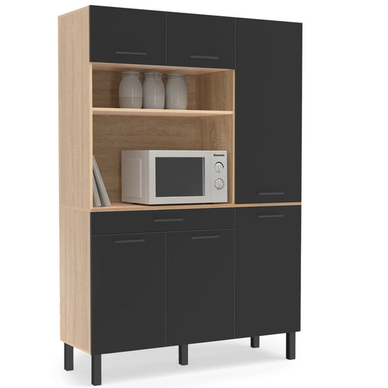 Buffet de cuisine avec colonne de rangement 120 cm cina 6 portes + tiroir façon hêtre et noir