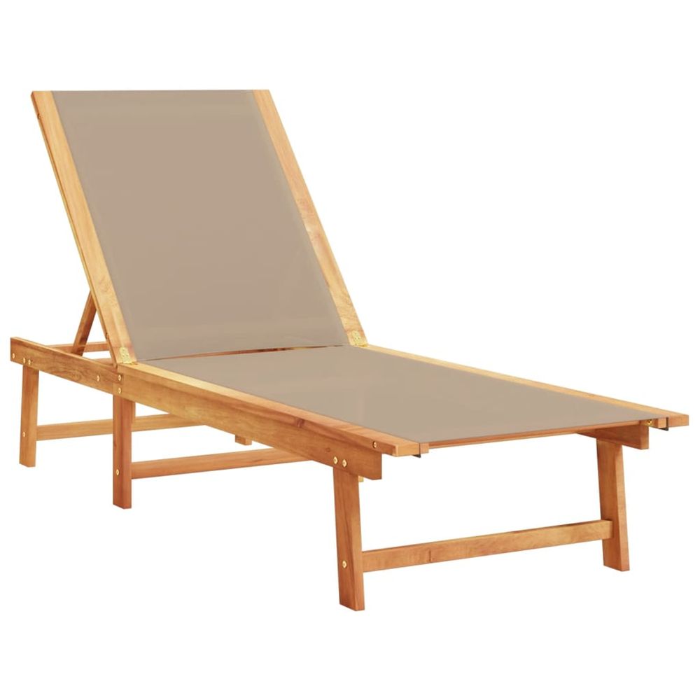 Chaise longue taupe bois d'acacia solide et textilène bain de soleil