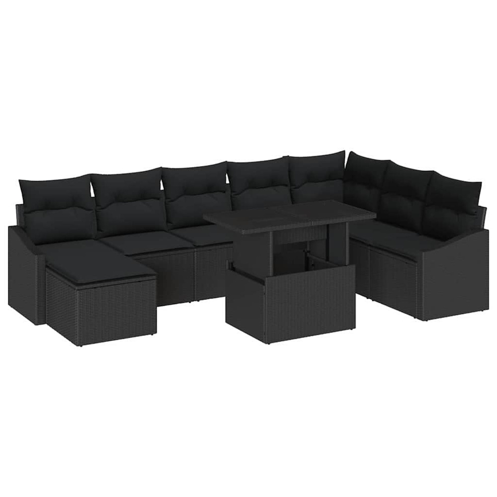 Ensemble de canapés avec coussin 9 pcs noir polyrotin