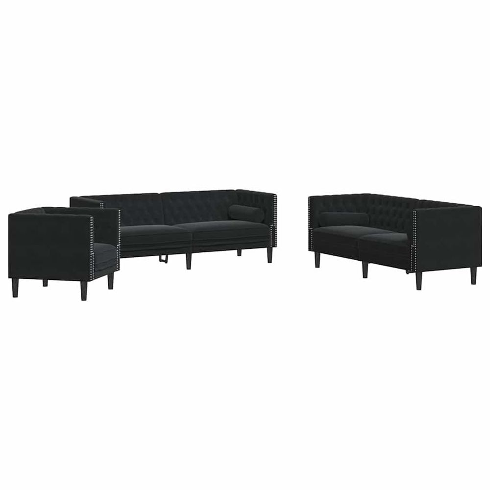 Ensemble de canapé chesterfield et traversins 3pcs noir velours