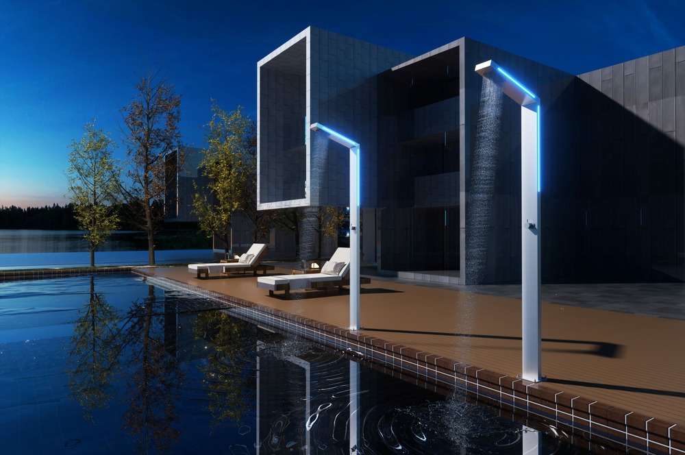 Douche de piscine en acier 316 noir avec eclairage led et diffuseur anticalcaire