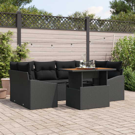 Ensemble de salle à manger de jardin de 7 pièces avec coussins en poly rattan noir et acacia