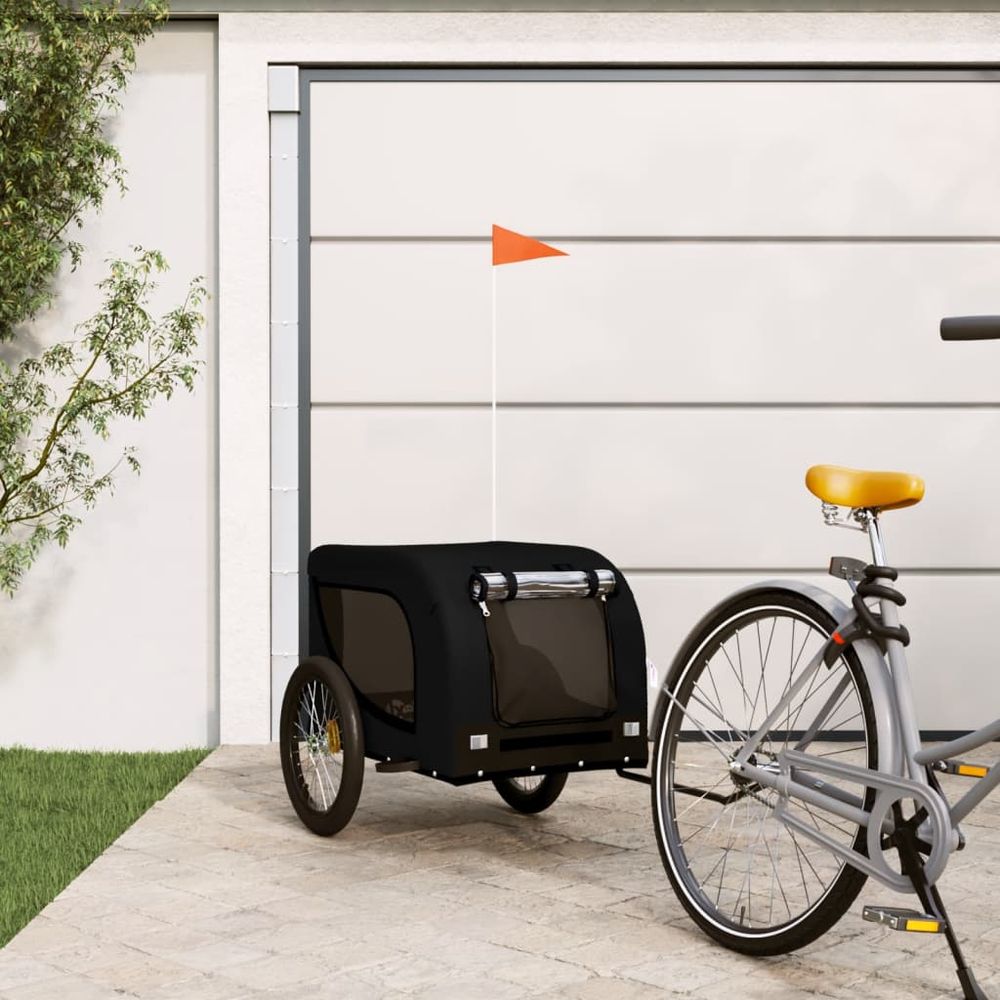 Remorque vélo grand chien tissu oxford cadre fer pour voyage noir