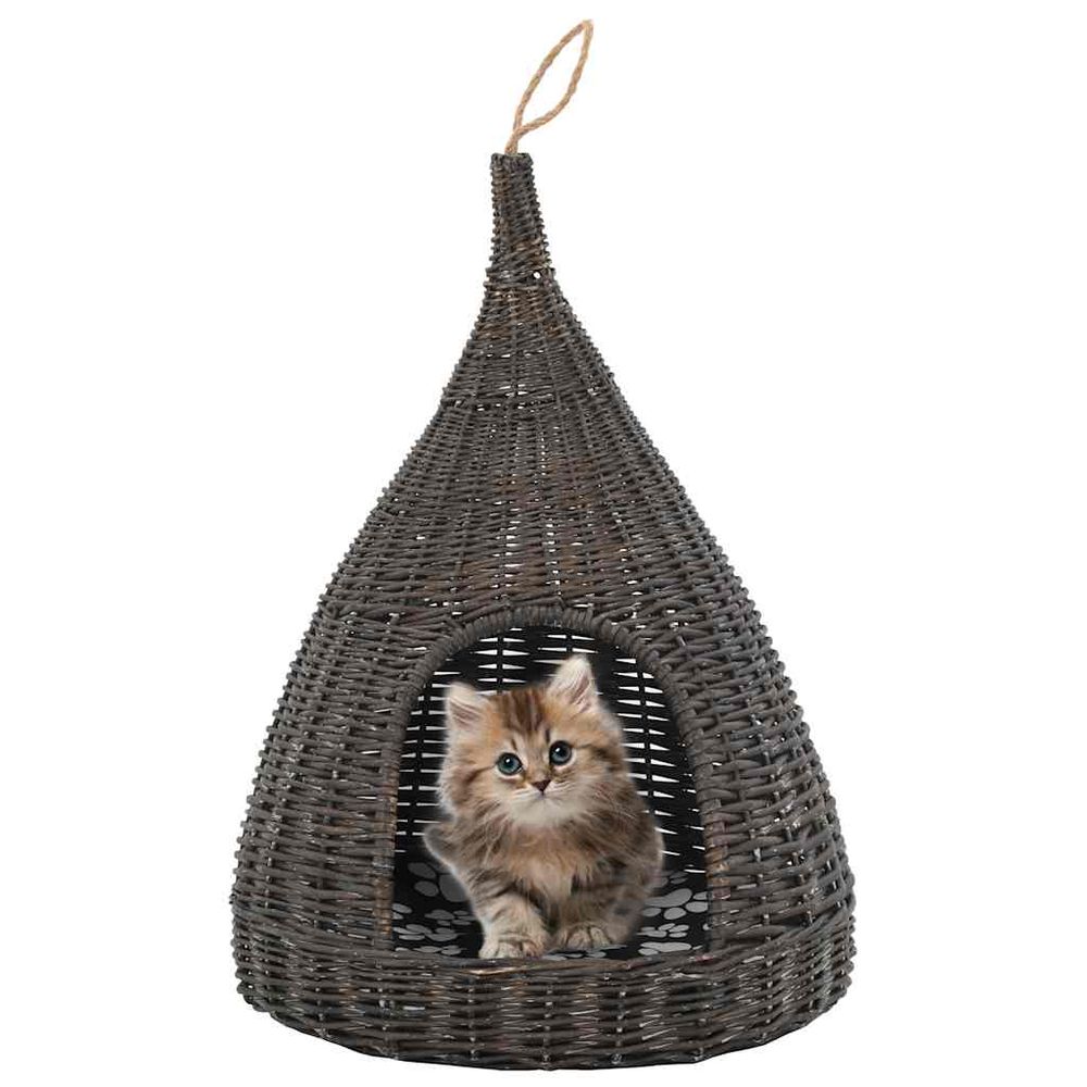 Panier pour chat tipi en saule gris avec coussin douillet pour intérieur