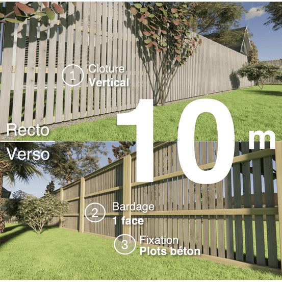 Kit clôture bois moderne 10m – h 1,9m – 20 x 70 mm autoclave gris – pose vertical – simple face – à sceller