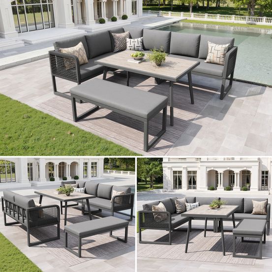 Chaises longues jardin 6-8 pers: rotin pe, coussins assise/dossier, résistant intempéries, terrasse gris
