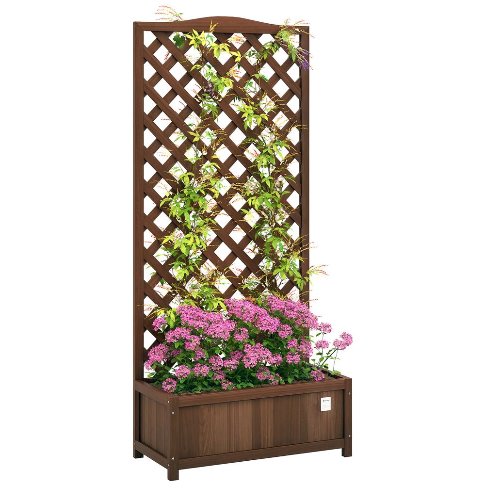 Jardinière sur pied treillis bois sapin extérieur bac fond lattes 76x36x170cm brun