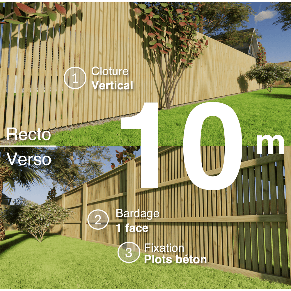 Kit clôture bois moderne 10m – h 1,9m – 45 x 45 mm autoclave – pose vertical – simple face – à sceller