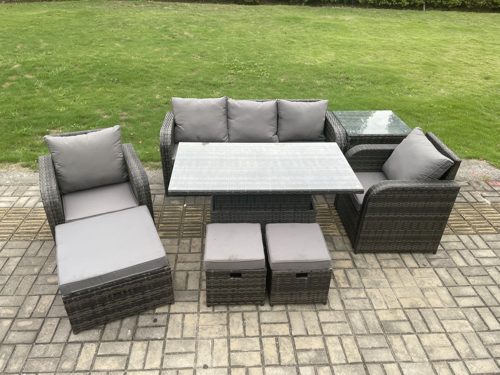 Ensemble de salle à manger jardin en rotin ave canapé table à manger réglable en hauteur table d'appoint 3 tabourets