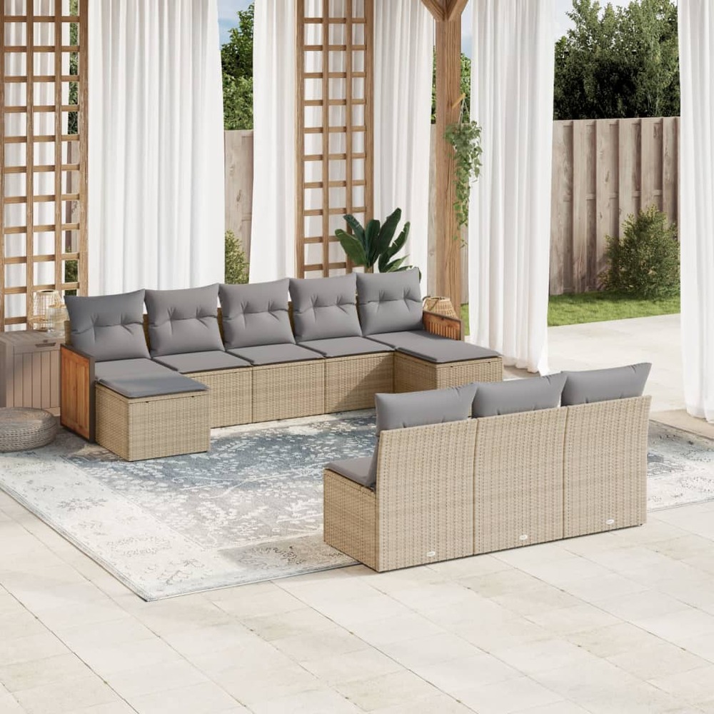 Salon de jardin avec coussins 10 pcs beige résine tressée