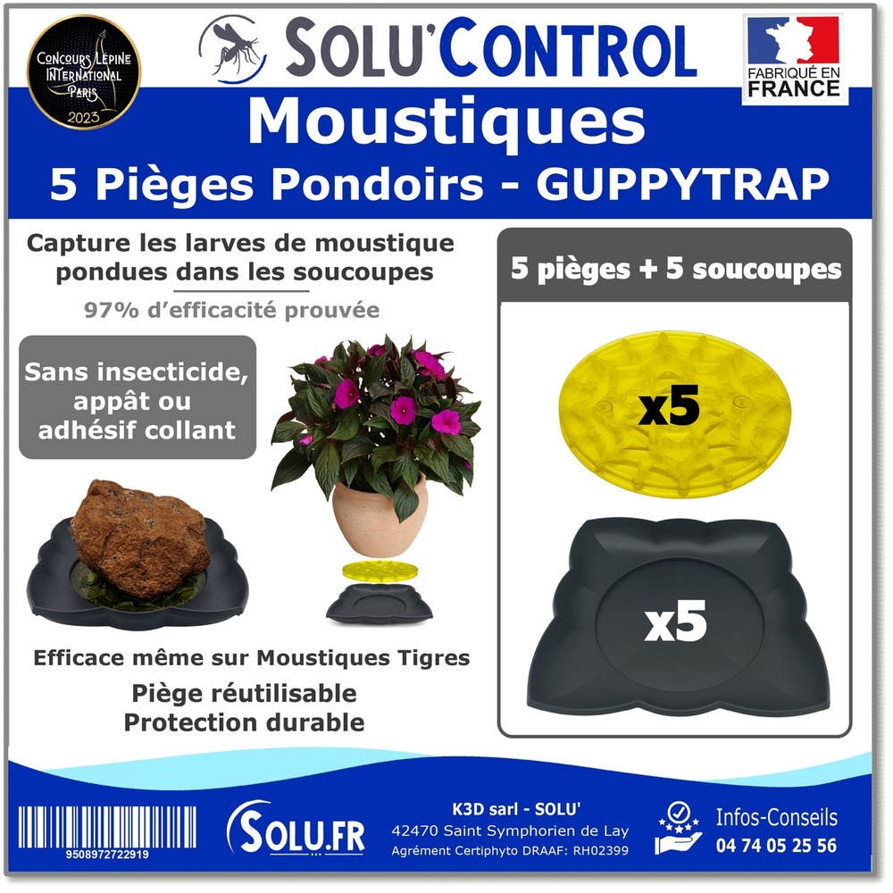 5 guppy trap + 5 coupelles, piège pondoir à moustiques, sans produit, sans adhésif, médaille d'argent concours lépine 2023